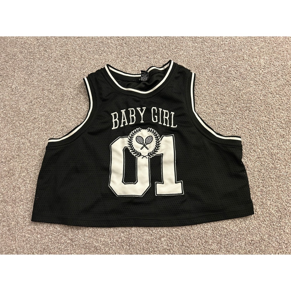 RUE 21 Mesh Jersey Tank Top Womens M Black Excellent Baby‎ Girl 01 Graphic Crop